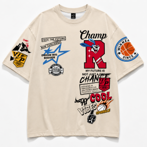 Men’s 100% cotton cream graphic t-shirt with basketball and motivational streetwear prints