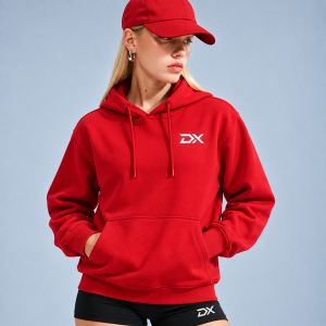 DRIMEX unisex red fleece pullover hoodie with white paired with a matching red cap.