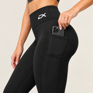 DRIMEX women’s black high-waisted stirrup leggings with side phone pocket