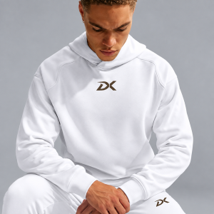 DRIMEX men's white performance hoodie and jogger set with DX logo