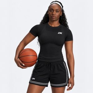 DRIMEX women’s black compression short sleeve sports shirt with back mesh panels