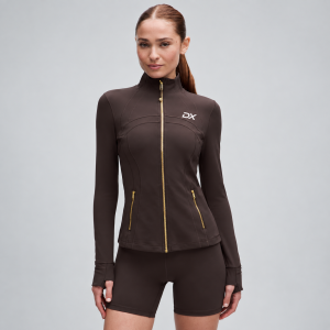 DRIMEX women’s brown full-zip athletic jacket with DX logo